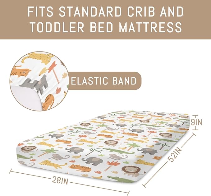 Jungle Safari Animal Baby Crib Sheets for Boys Girls Cute Lion Leopard Elephant Monkey Soft Snug Fitted Crib Mattress Covers for 52''x28'' Standard Crib & Toddler Mattress Safari Adventure Bed Sheets