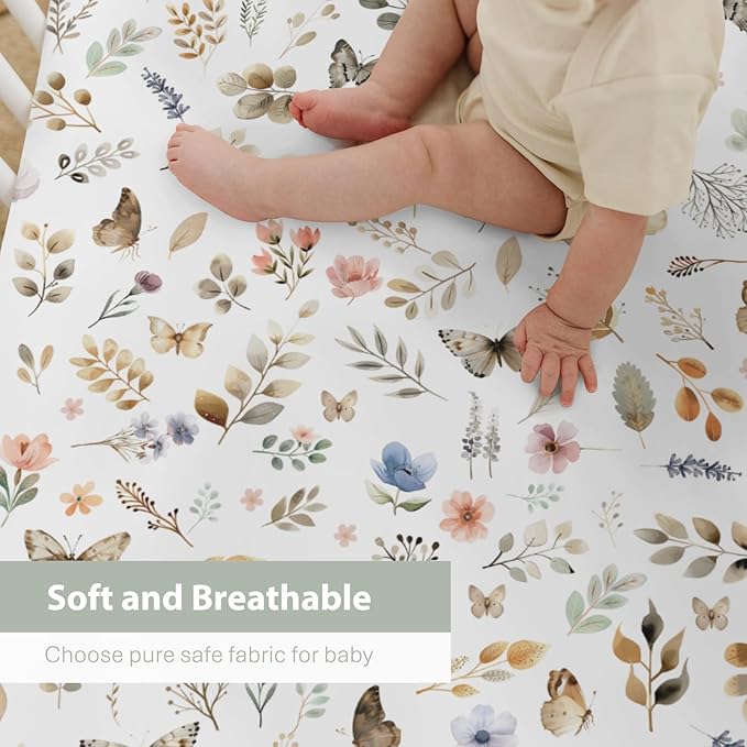 Botanic Gardens Baby Crib Sheets for Boy Girl 52"x28" Beige Floral Butterflies Soft Stretchy Fitted Crib Mattress Covers Boho Spring Wildflowers Leaves Baby Sheet for Crib and Toddler Bed Mattresses