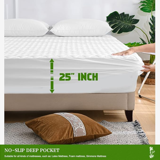 UNILIBRA King Mattress Pad Waterproof Rayon Made from Bamboo, Fitted Deep Pocket Mattress Cover fits 6''-25'', Breathable Quilted Mattress Protector, White