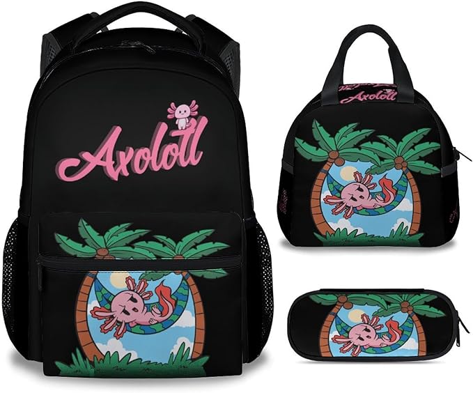 Mercuryelf Axolotl Boys Girls Backpack with Lunch Box Set, 3 in 1 School Travel Backpacks Matching Combo, Black Cute Bookbag and Pencil Case Bundle