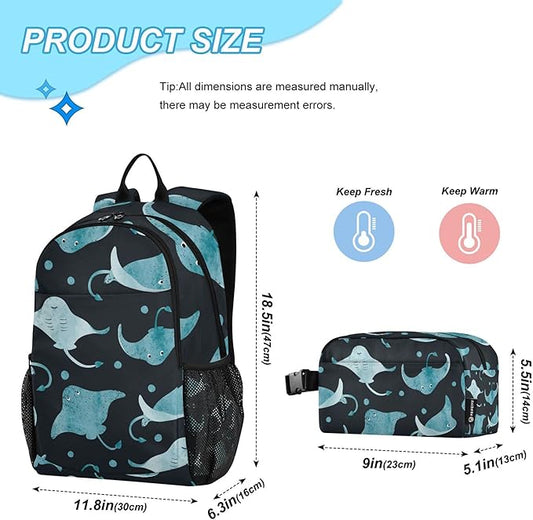 Jucciaco Watercolor Stingray Fish Backpack with Lunch Bag, School Backpack for Teens Boys Girls Kids Travel Backpacks Set