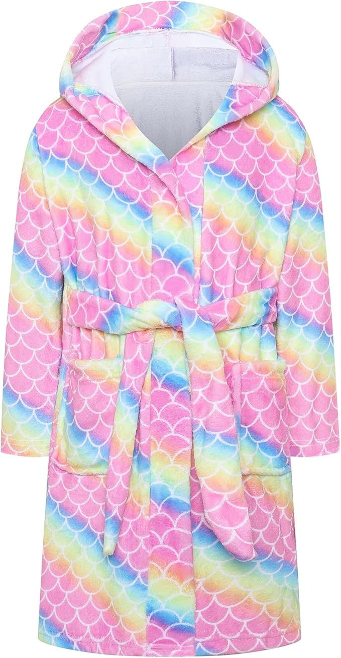 Umeyda Girls Fleece Hooded Robes, Warm Printed Bath Robe for Kids Soft Fuzzy Bathrobe for Gifts