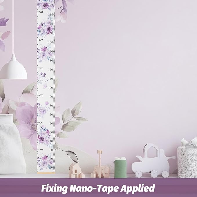 BESSLEE Canvas Kids Growth Chart for Wall, Purple Flowers Height Measurement Tracker for Baby Girl, Hanging Ruler with Removable Hook, Nursery Room Playroom Toddler Bedroom Decor, 79”x7.9”