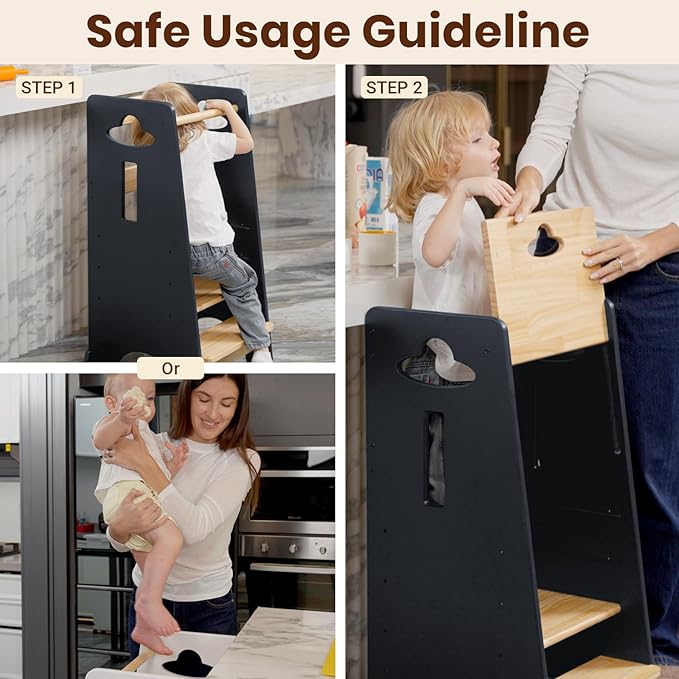 COSYLAND Toddler Standing Tower Adjustable Height - Super Stable Toddler Kitchen Stool Helper with Protive Panel - 3 Levels Adjustable Wooden Kitchen Stool for Kids (Natural & Dark Gray)