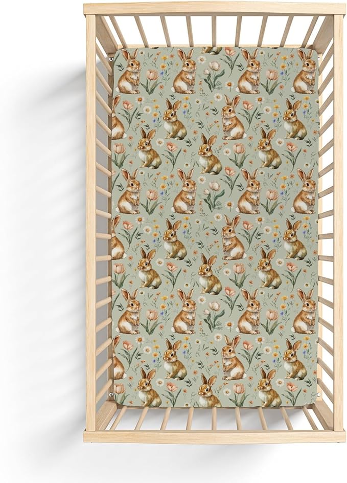Vintage Rabbit Floral Baby Crib Sheets for Boy Girl 52"x28" Spring Bunnies Flowers Soft Stretchy Fitted Crib Mattress Cover Easter Bunny Wildflowers Baby Sheet for Standard Crib & Toddler Bed Mattress