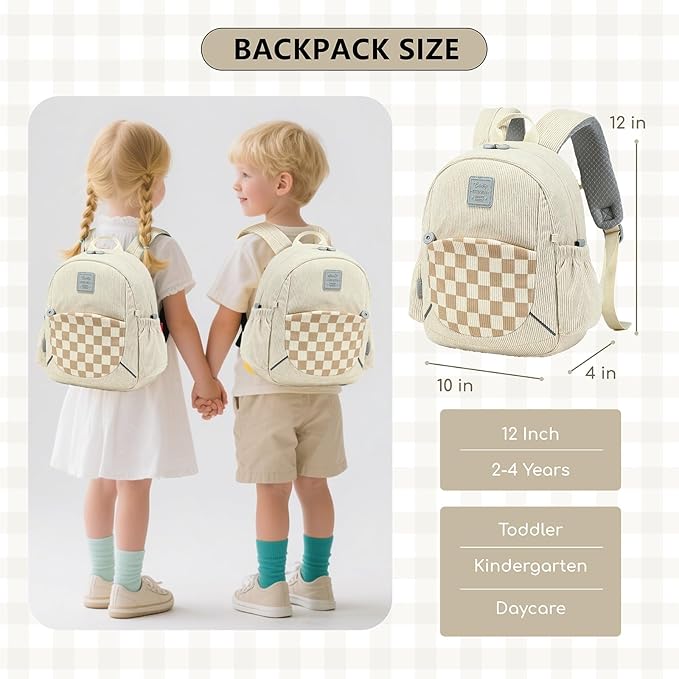 CAMTOP Toddler Backpack for Boys Girls 2-4, Kids Backpacks for Kindergarten Preschool, 12" H Small Bookbag for Daycare Travel (Beige, 12''- Not fit A4 folder)