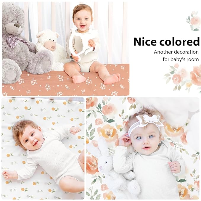 Baby Crib Sheets Girl, 3 Pack Toddler Bed Sheets for 52”x28” Standard Toddler Mattresses, Soft Microfiber Fitted Crib Sheets Neutral Orange Watercolor Flower