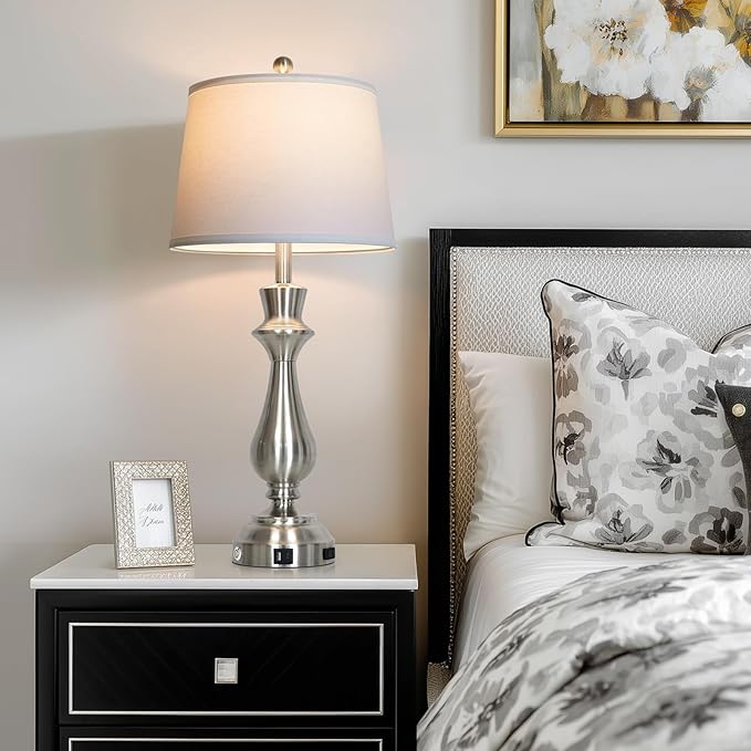 luxeflow Modern Silver Table Lamps Set of 2 for Living Room,30" Tall Bedside Lamp with USB Charging Port,3-Way Dimmable Touch Nightstand Lamp for Bedroom Desk Side Table Office,Silver