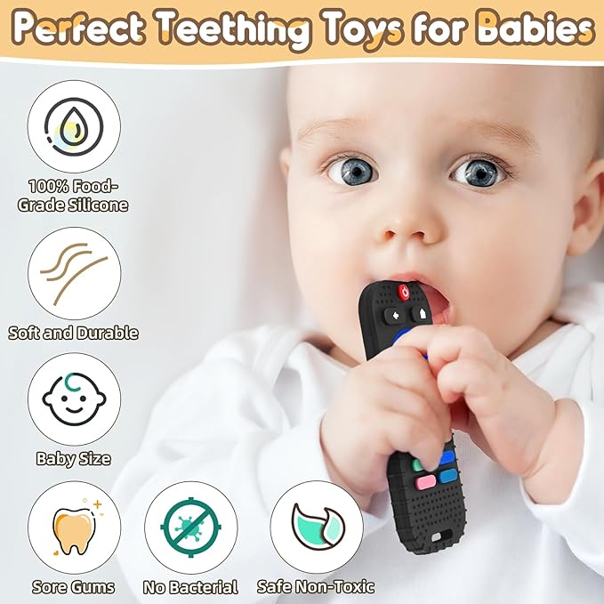 AiTuiTui Teething Relief Teethers Toys for Babies 3 6 9 12 Months Gifts, Silicone Sensory Remote Control Baby Teether Toy for Babies Newborn Infant Boy Girl Autism Toys, Blue & Black