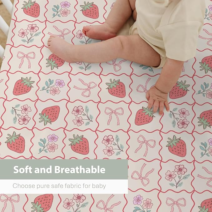 Boho Strawberry Flowers Baby Crib Sheets for Girl 52"x28" Strawberries Pink Bows Checkerboard Soft Snug Fitted Crib Mattress Covers Summer Fruit Baby Sheet for Standard Crib & Toddler Bed Mattress