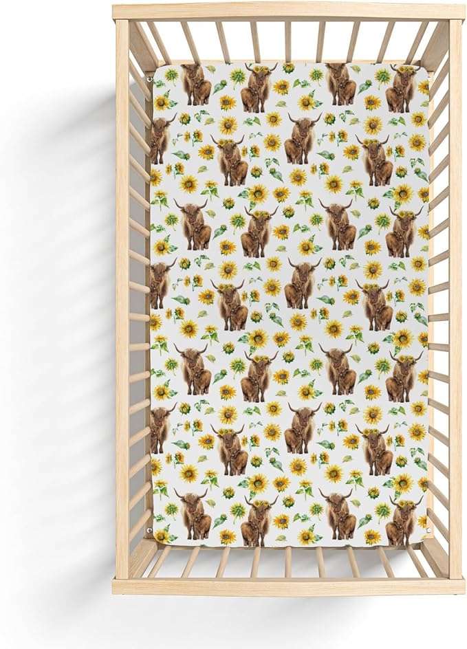 Highland Cow Sunflowers Baby Crib Sheets for Boy Girl 52"x28" Highland Cattle Yak Floral Soft Snug Fitted Crib Mattress Cover Farmland Animal Baby Sheet for Standard Crib & Toddler Bed Mattress