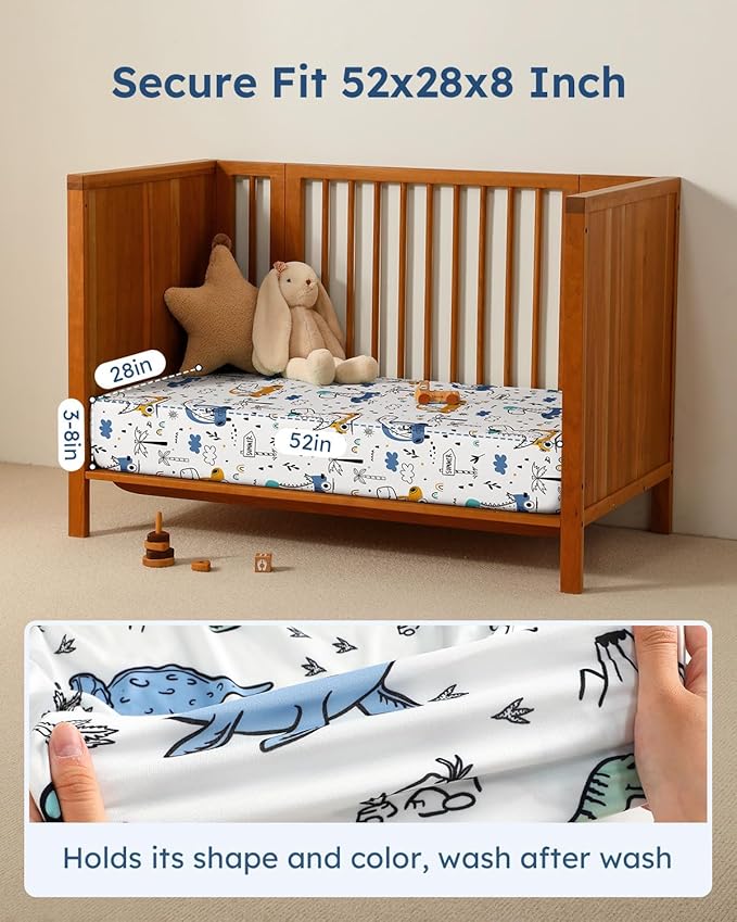 Baby Crib Sheets for Boys Girls, 28x52x8in Fitted Crib Sheet Neutral 3 Pack for Standard Crib and Toddler Mattress, Breathable Soft Microfiber Baby Sheet Grey & Blue Car
