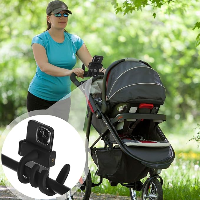 Amylove 2 Pcs Stroller Phone Holder Portable Cell Phone Holder Stand Universal Stroller Accessories for Parent Baby Toddler Cellphone Clamp with Non Slip Silicone Arm Grip(Black, White,Novel)