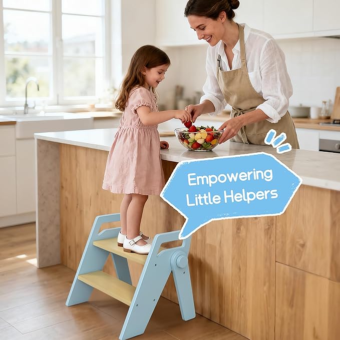 HOMEKOL Toddler Kids Step Stool: Wooden 2 Step Stool for Bathroom Sink, Foldable, Blue