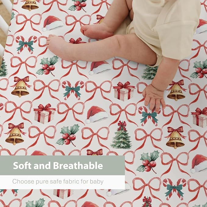 Red and Green Christmas Stripe Baby Crib Sheets for Boy Girl 52"x28" Santa Hat Fir Trees Gift Bows Soft Snug Fitted Crib Mattress Cover Winter Holiday Baby Sheet for Standard Crib & Toddler Mattress