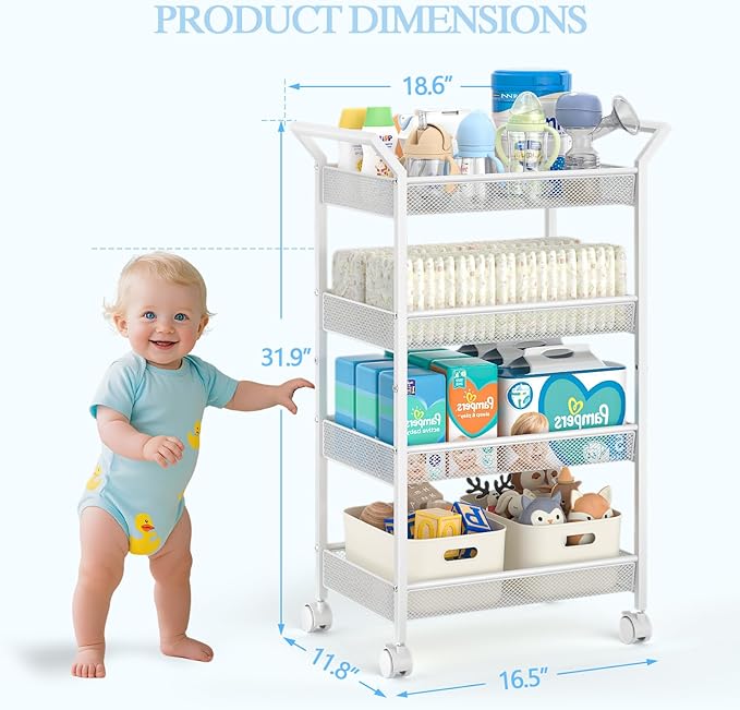 3IngSeagulls Baby Diaper Caddy Cart, 4-Tier Diaper Caddy Organizer and Storage, Rolling Utility Cart for Baby Supplies, Diaper Cart with Wheels for Bedroom, Nursery, Changing Table, White