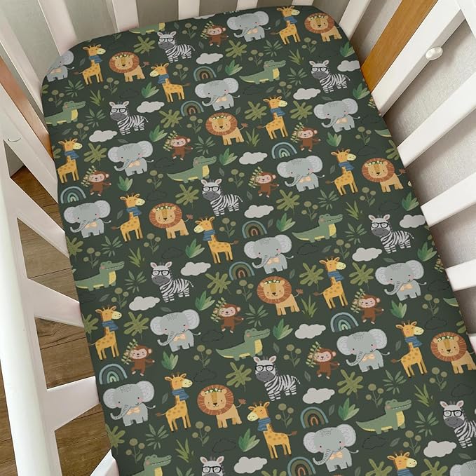 Jungle Safari Animals Baby Crib Sheets for Boy Girl Elephant Lion Zebra Giraffe Leaves Soft Snug Fitted Crib Mattress Covers for 52''x28'' Standard Crib & Toddler Mattress Pad Wild African Bed Sheets