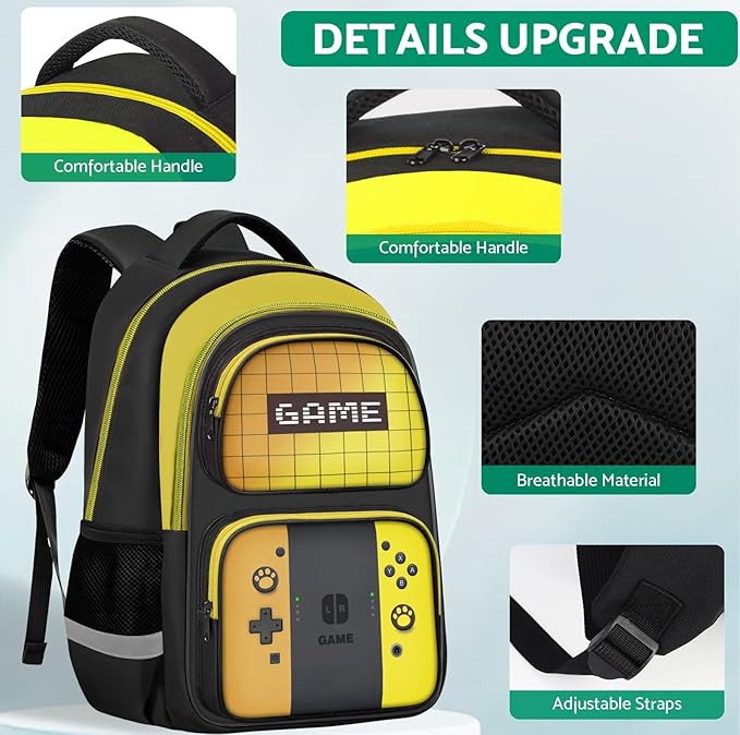 JIRAIKEI Kids Backpack For Boys，Gamer Boys Backpack For Children Teens Elementary Middle School, 17″ Students Bookbag