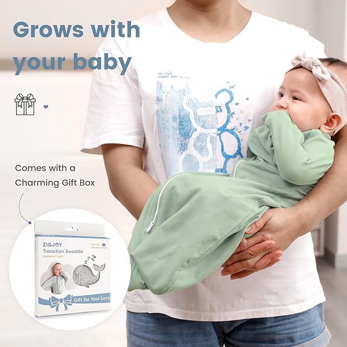 ZIGJOY Baby Transitional Swaddles for Newborns: 0.5 Tog Arms Up Sleep Sack 3-6-12 Months Soft Cotton Shark Fin 2 Way Zipper