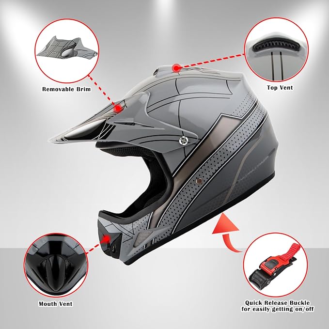 WOW Youth Kids Motocross BMX MX ATV Dirt Bike Dianosour Helmet Dragon + Goggles + Martian Youth Glove Bundle: HJOY MG Bundle