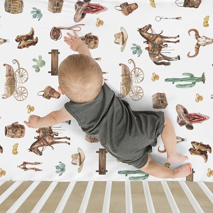 Western Cowboy Baby Crib Sheets for Boy 52"x28" Cowboys Horse Boots Hats Golds Cactus Soft Snug Fitted Crib Mattress Cover Wild West Cowboy Life Baby Sheet for Standard Crib & Toddler Bed Mattress