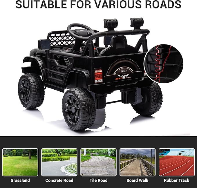 12V Ride On Car for Kids Electric Vehicle Toddlers Battery Powered Truck Car Toy with Remote Control, 4-Wheel Suspension, Battery Display, LED Lights, Music, for Boys Girls, Black