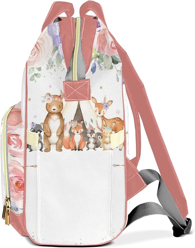 Personalized Woodland Animals Pink Purple Floral Custom with Name Diaper Bag Backpack For Baby Boy Girl Dad Mom Unisex for Adult Daypack Holiday Gift