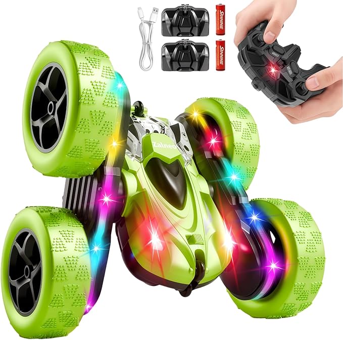 Remote Control Car – 4WD 360° Flip Double‑Sided RC Stunt Car LED Light Bar & USB‑C Modular Battery, Off‑Road Toys for Boys Ages 6‑12, Birthday Gift, Black‑Green