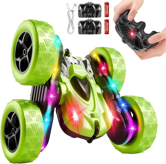 Remote Control Car – 4WD 360° Flip Double‑Sided RC Stunt Car LED Light Bar & USB‑C Modular Battery, Off‑Road Toys for Boys Ages 6‑12, Birthday Gift, Black‑Green