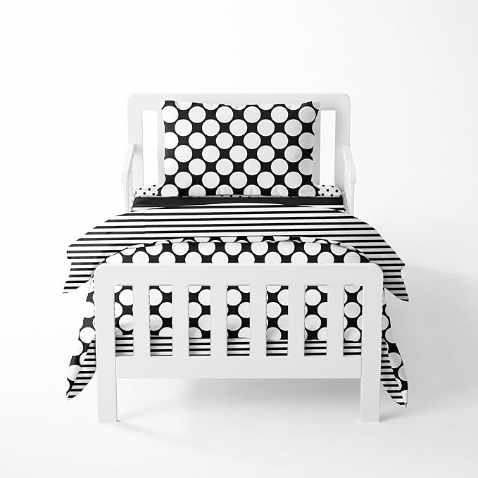 Bacati - Dots/pin Stripes Black/White 4 Pc Neutral Toddler Bedding Set 100 Percent Cotton Includes Reversible Comforter, Fitted Sheet, Top Sheet, and Pillow Case for Boys/Girls