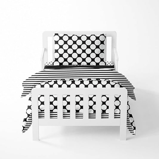 Bacati - Dots/pin Stripes Black/White 4 Pc Neutral Toddler Bedding Set 100 Percent Cotton Includes Reversible Comforter, Fitted Sheet, Top Sheet, and Pillow Case for Boys/Girls