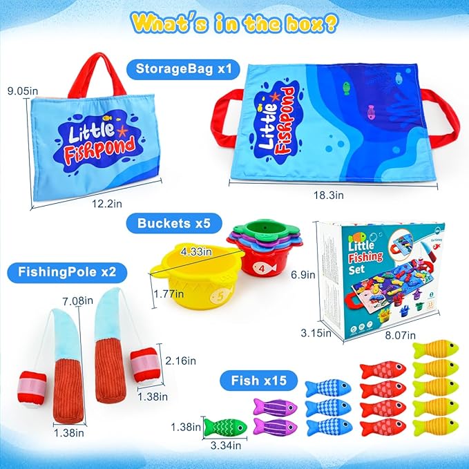 Montessori Toys for 1+ Year Old – 23 PCS Fishing Game with 2 Poles & 15 Fish, 10-in-1 Cloth Fishing Toys for Counting, Color & Shape Learning, Toys for 1 2 3 Year Old Boys Girls Gifts