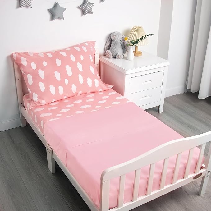 Biloban 3-Piece Toddler Sheet Set Microfiber, Toddler Bedding Set Includes Crib Mattress Sheet, Flat Sheet and Envelope Pillowcase, Silky Soft, Breathable and Lightweight, Pink Cloud