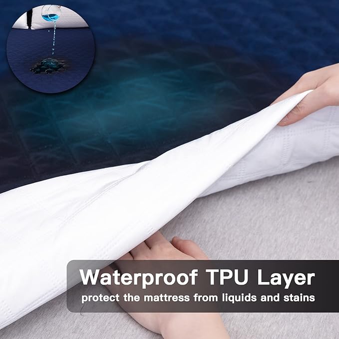 Mecerock Twin Mattress Protector Waterproof, Quilted Fitted, Navy Blue, 18 Inches Deep Pocket, Washable