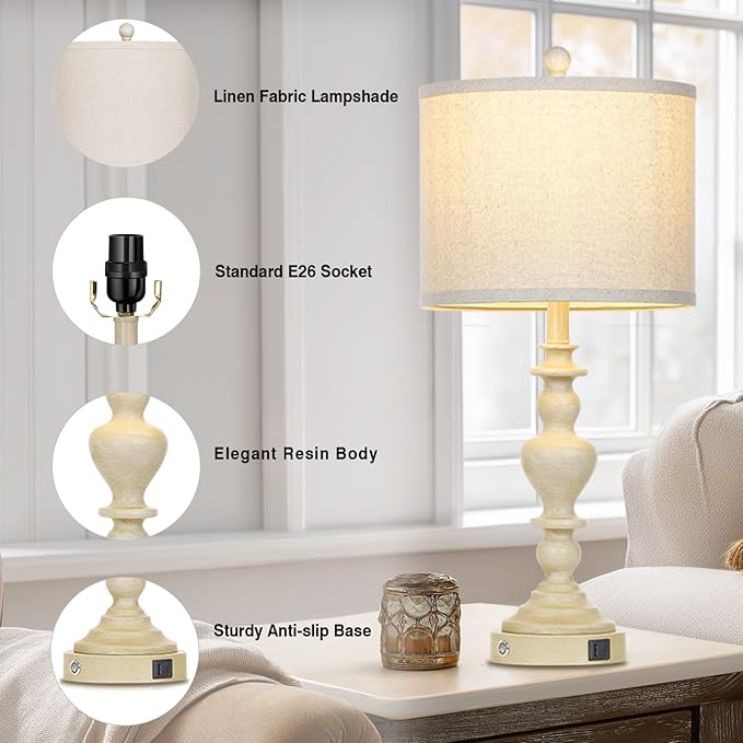 luxeflow 27" Farmhouse Table Lamps Set of 2, Vintage Bedside Lamps with USB A+C Charging Ports, 3-Way Dimmable Touch Control Traditional Nightstand Lamp for Living Room Beige (Bulbs Included)