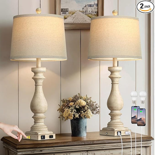 luxeflow 29" Tall Vintage Table Lamps Set of 2,Farmhouse Bedside Lamps with USB C+A Ports & AC Outlet,3-Way Dimmable Touch Lamp for Night Stands Living Room Bedroom,Beige