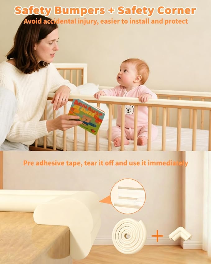 Edge Corner Protector Baby Proofing, 6.56FT 0.6'' Thicken L-Shape Furniture Fireplace Safety Bumper Guard with 6 Corners, Pre-Taped, Soft NBR Rubber Foam, Table Edge Protector for Baby (Beige)