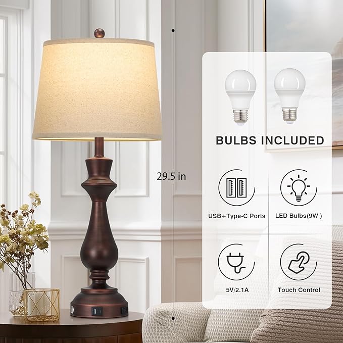 luxeflow Vintage Table Lamps Set of 2 for Living Room,30" Tall Bedside Lamp with USB Charging Port,3-Way Dimmable Touch Nightstand Lamp for Bedroom Desk Side Table Office,Brown
