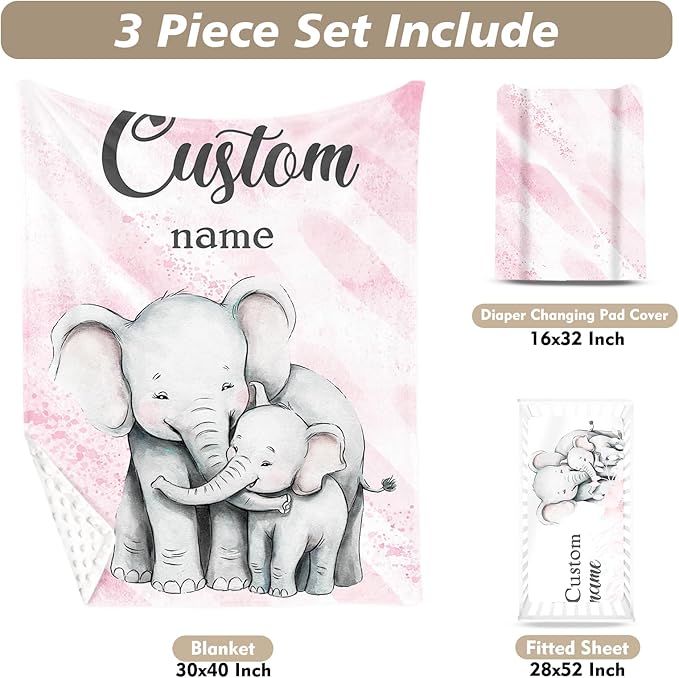 Custom Name Crib Bedding Set 3-Piece – Pink Elephant Design Baby Bedding Set with Personalized Soft Blanket, Fitted Sheet, Changing Pad Cover – Ideal Newborn Gift for Boys and Girls