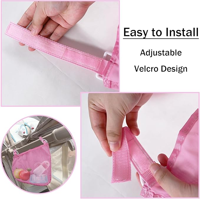 2PCS Universal Side Sling Stroller Cargo Net,Portable Storage Mesh Bag,Stroller Storage Organizer Bag,Non-Slip and Adjustable Straps Side Sling Mesh Organizer(Pink)