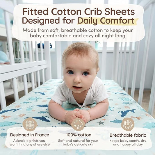 Ocean Crib Sheets for Boys & Girls Toddler Bed Sheets Cotton Fitted Crib Sheet Nautical Sets 28"x52", 8" Deep Pocket, Baby Mattress Sheet 2Pack 100% Cotton, Designed in France, Ocean Stars, Teal White