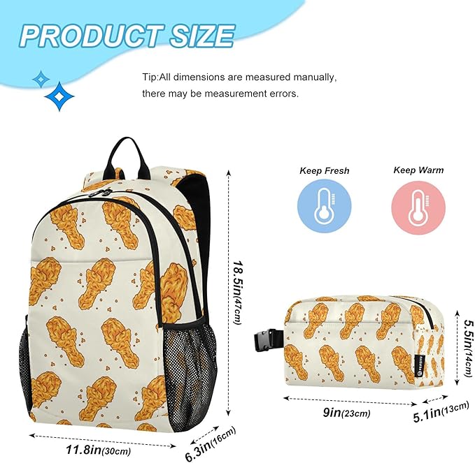 Jucciaco Fried Chicken Backpack with Lunch Bag, School Travel Backpack for Boys Girls Kids Backpacks Set