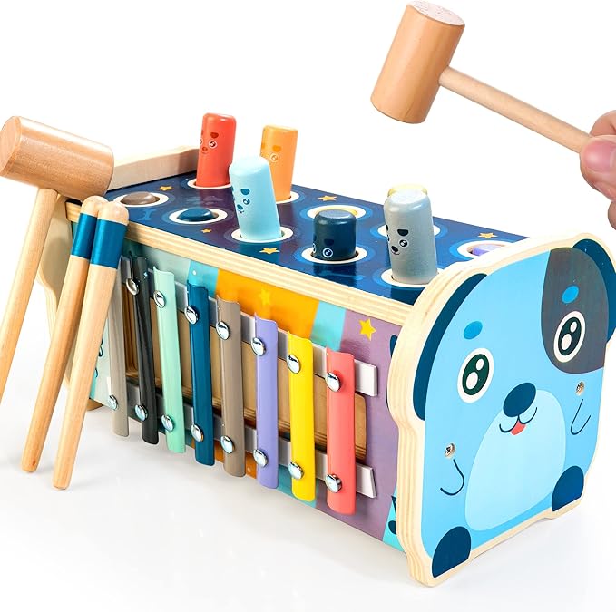 KIDWILL Montessori Pounding Toy for 1 2 Year Olds Wooden Hammering & Activity Board with Xylophone, Number Maze, Pounding Bench Educational Toddler Gift Toys Age 1-3