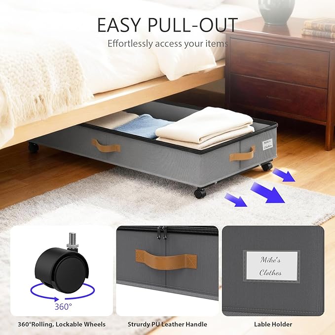 GOVEYONY Under Bed Storage with Wheels 2-Pack, 75L XXL Under the Bed Storage Containers Large, 12" Tall Adjustable Storage for Underbed with Lids, Rolling for Clothes, Shoes, Blankets (Grey)