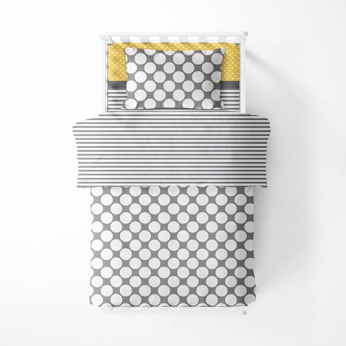 Bacati - Dots/pin Stripes Neutral Grey/Yellow 4 Pc Toddler Bedding Set 100 Percent Cotton Includes Reversible Comforter, Fitted Sheet, Top Sheet, and Pillow Case for Boys/Girls