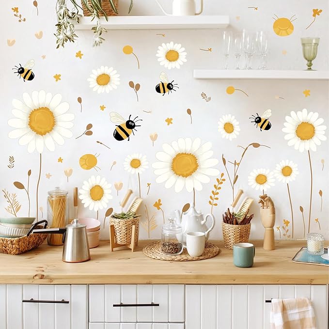 Daisy Floral Wall Stickers Baby Bedroom Walls Art Murals Boho Daisy Decals for Kids Room Peel and Stick Flower Bee Vinyl Wall Decals for Nursery Home Living Room Summer Flowers Party Theme Supplies