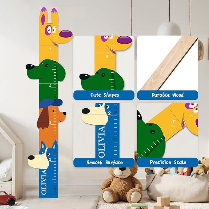 Woodemon Personalized Name Growth Chart for Wall, Big Ear Dog Wood Height Chart for Kids, Height Measurement Growth Measuring Ruler, Thoughtful Birthday Gift for Boys and Girls