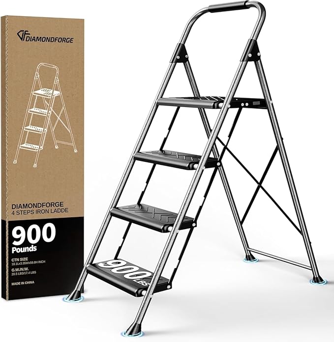 DIAMONDFORGE 4 Step Ladder, Folding Step Stool with Anti-Slip Wide Pedal, Soft Handle, Anti-Slip Feet, Heavy-Duty Steel Construction, 900lbs Capacity Steel Ladder for Office Home, Grey