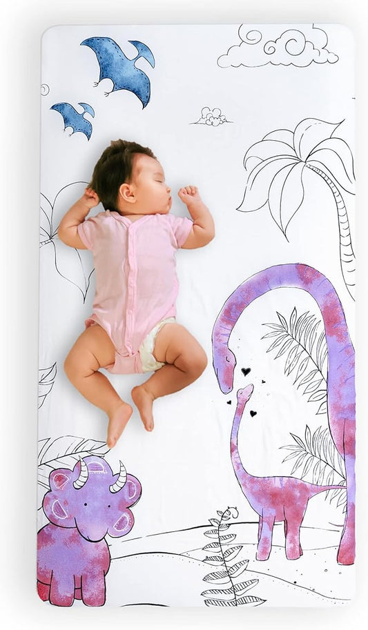 JumpOff Jo - Fitted Crib Sheet, Super Soft Breathable 100% Cotton Baby Crib Sheet for Standard Crib Mattresses and Toddler Beds, 28 in. x 52 in. - Pink Dinosaur
