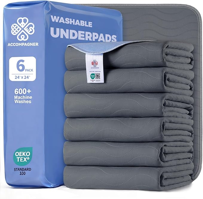 Accompagner Waterproof Reusable for Adults and Pets Washable Pee Pads for Dogs Changing Pad Large Dog Bed Size Adults Incontinence Bed Pads - Non-Slip Leak-Proof (Dark Gray, 6Pack-24" x24")